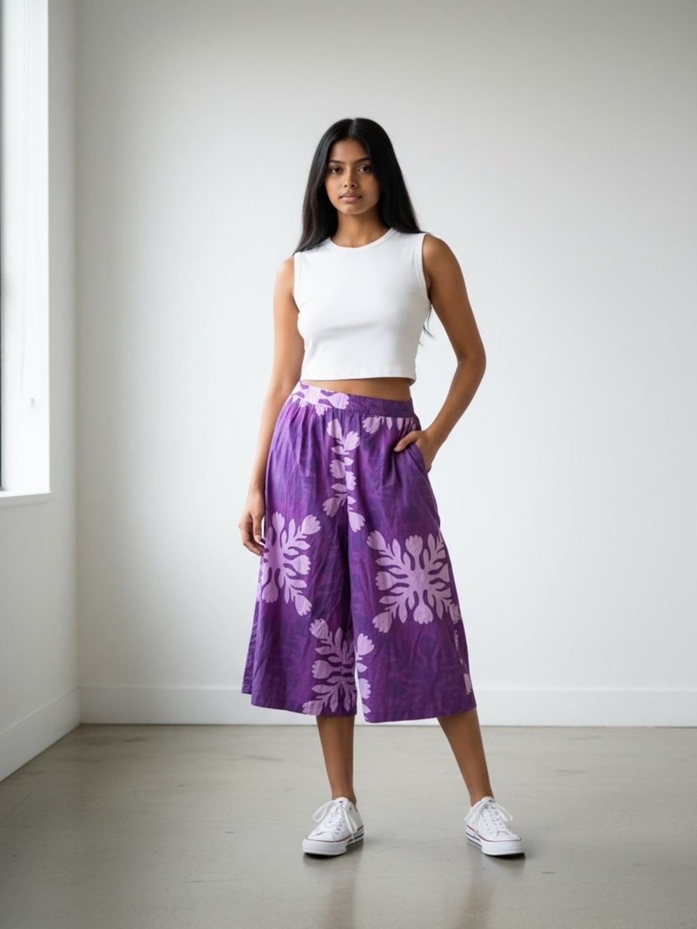 Lahaole Cropped Palazzo in Purple Hawaiian Quilt Cotton with Pockets